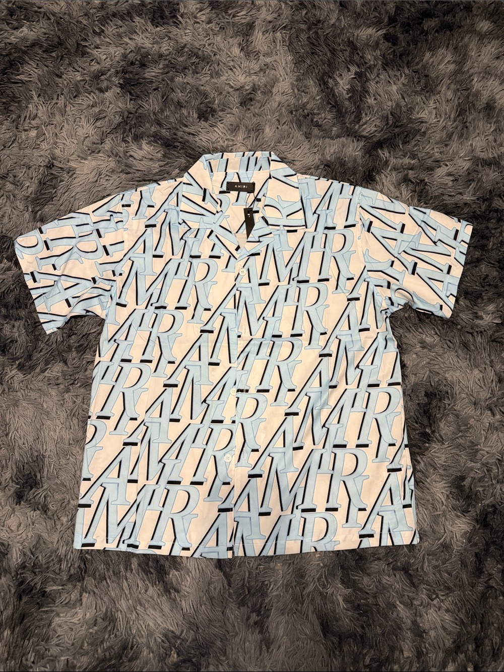AMIRI Light Blue & White All-Over Logo Camp Shirt